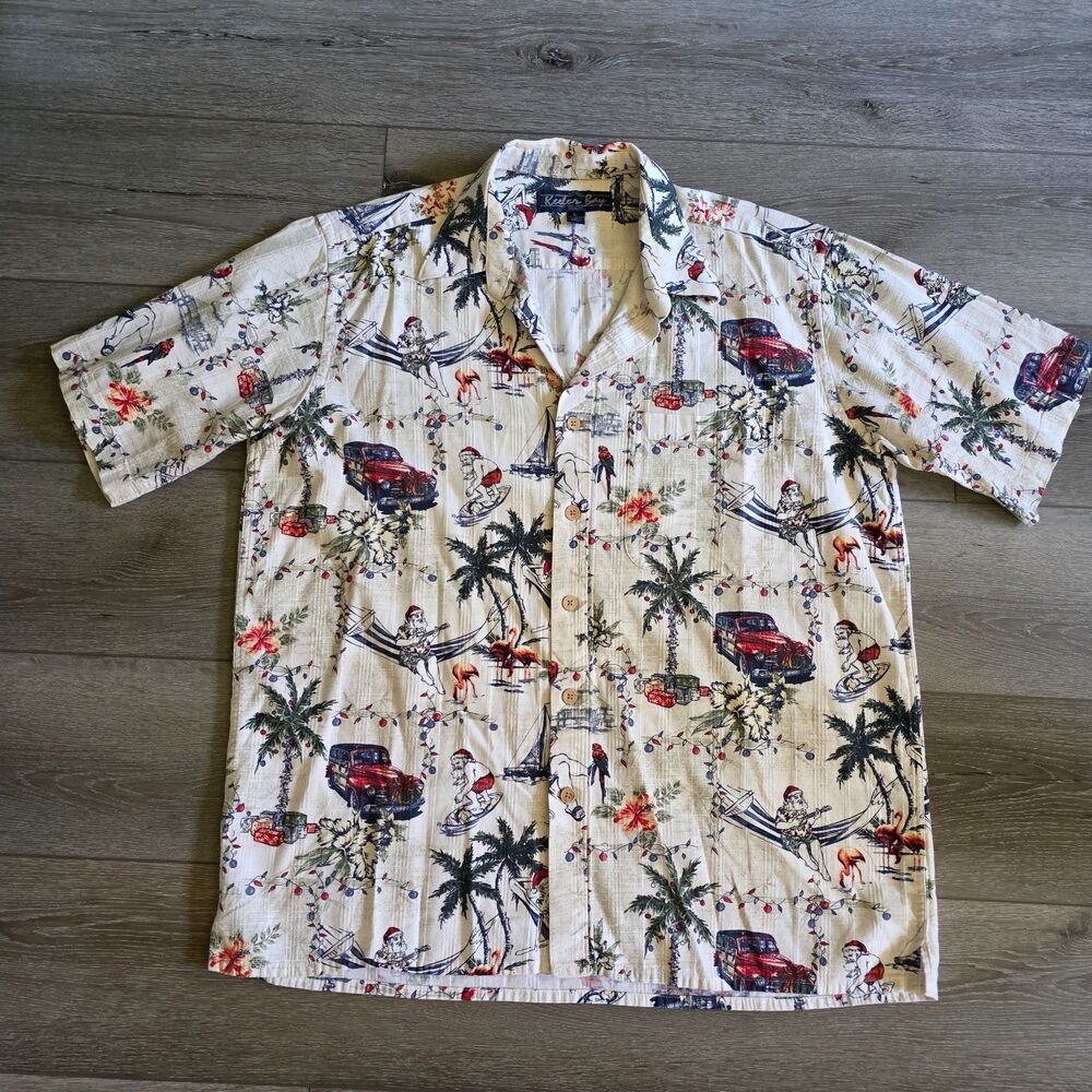 Vintage Keeler Bay Mens Hawaiian Christmas Santa Woodie Buttonfront Camp Shirt L